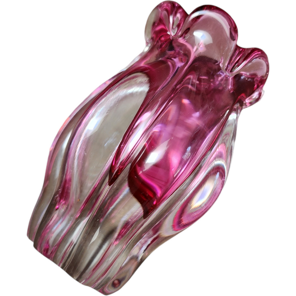 4" Chribska Glassworks Bohemian Art Glass Cranberry Optic Bud Vase