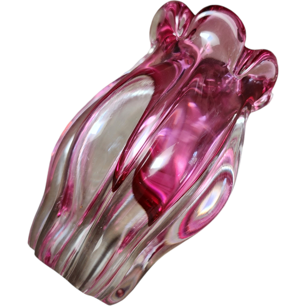 4" Chribska Glassworks Bohemian Art Glass Cranberry Optic Bud Vase