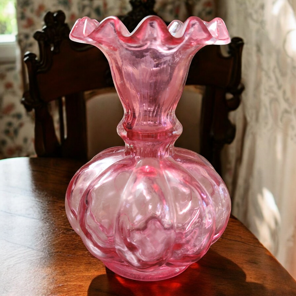 4" Fenton Diamond Optic Ruby Overlay Flower Vase