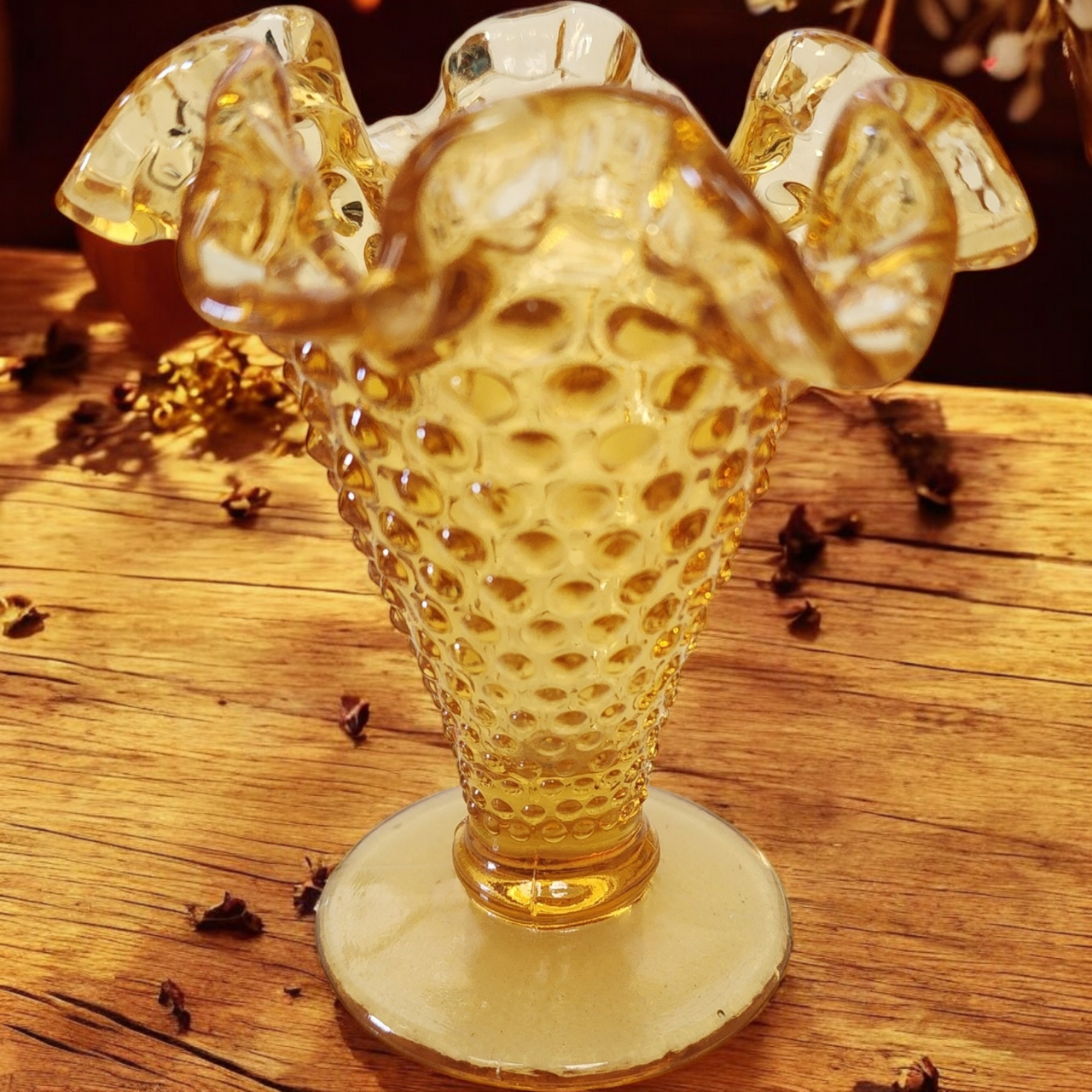 4" Fenton Hobnail Amber Colonial Glass Double Crimped Footed Vase