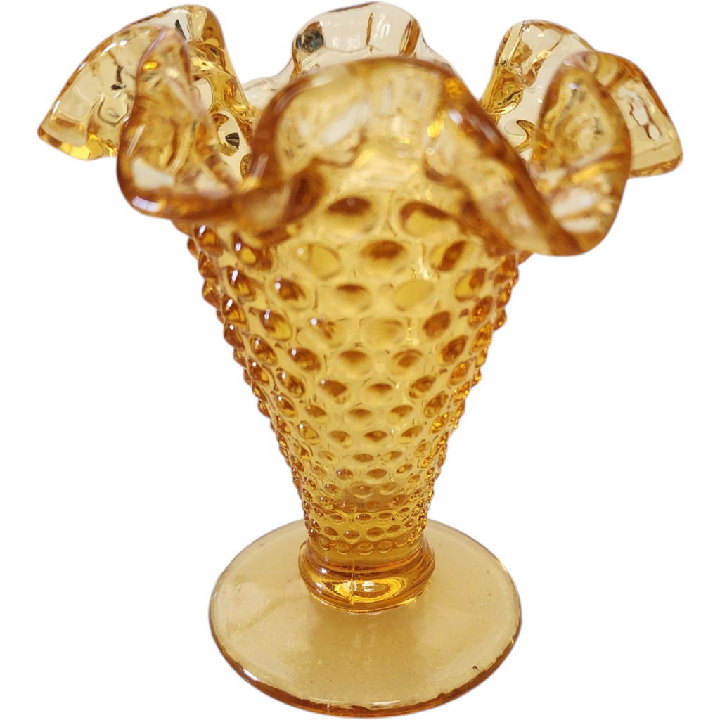 4" Fenton Hobnail Amber Colonial Glass Double Crimped Footed Vase