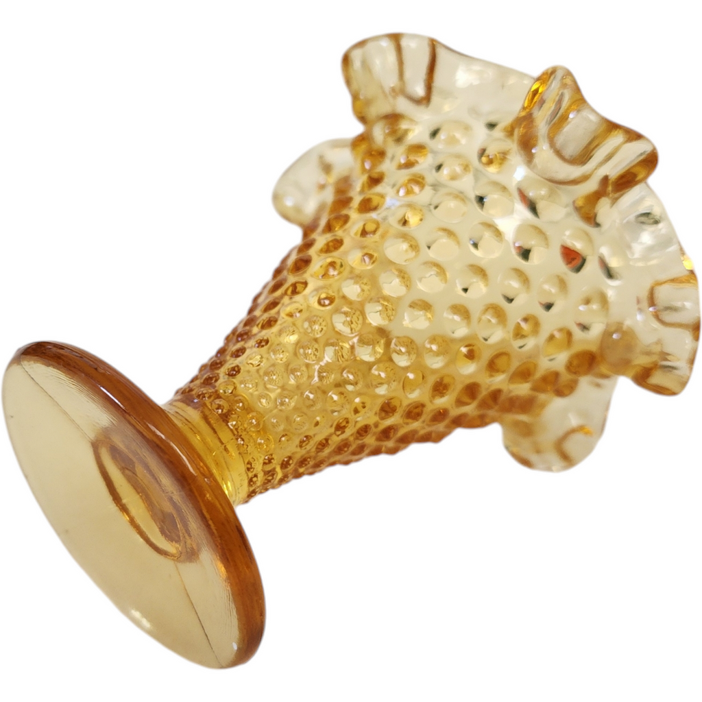 4" Fenton Hobnail Amber Colonial Glass Double Crimped Footed Vase