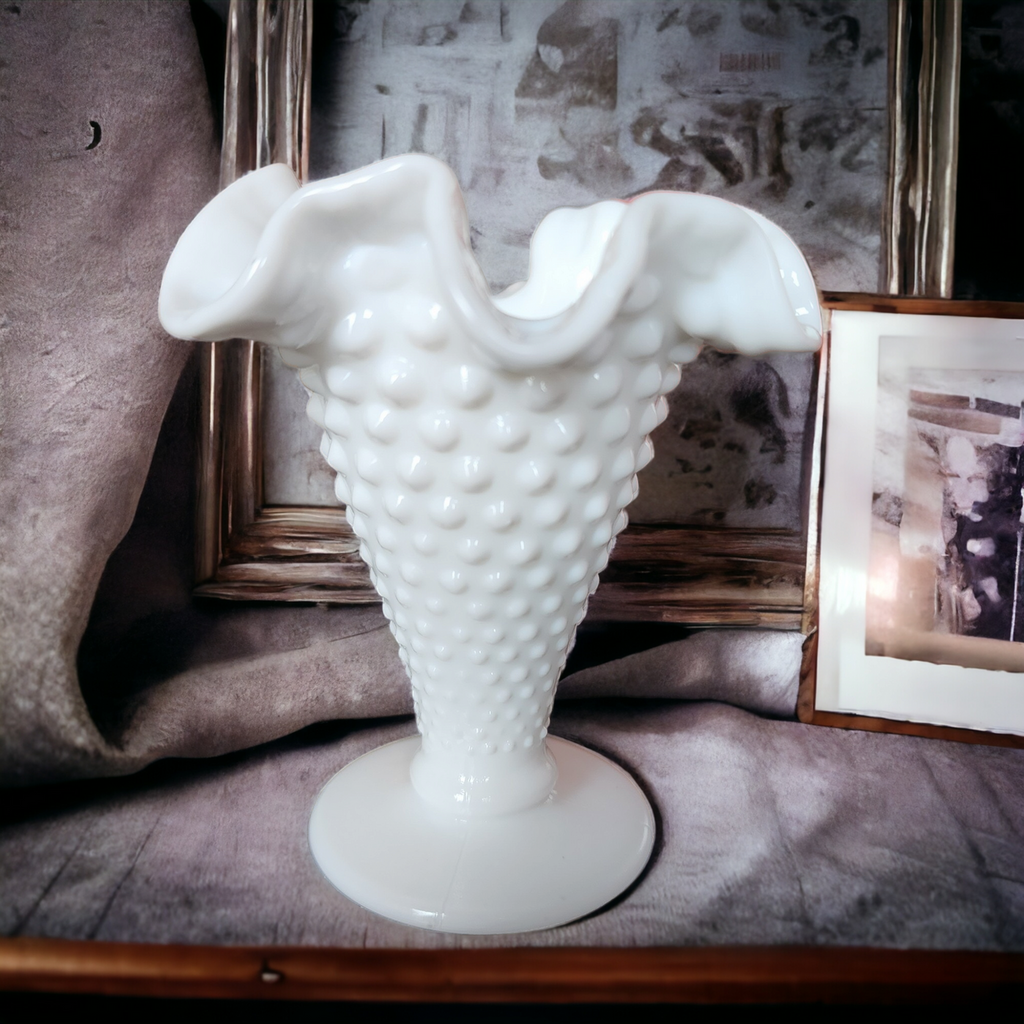 4" Fenton Hobnail Milk Glass Double Crimped Footed Vase