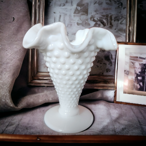 4" Fenton Hobnail Milk Glass Double Crimped Footed Vase