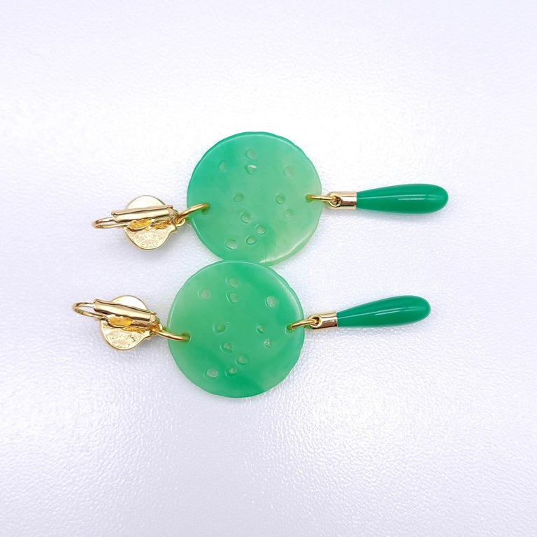 Kenneth Jay Lane Jade Drop Wire Earrings in Gold, Green, Couture Collection