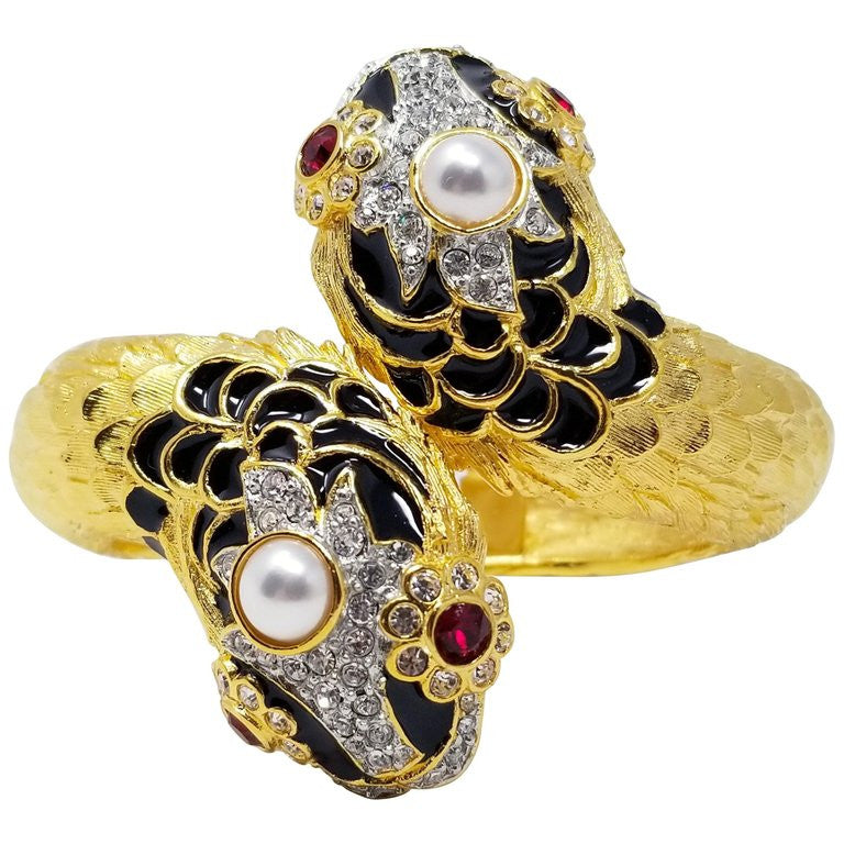 KJLKenneth Jay Lane Double Sea Serpent Crystal Enamel Faux Pearl Gold Bracelet