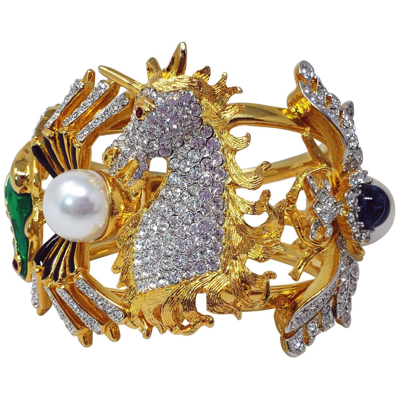 KJL Kenneth Jay Lane Crystal Faux Pearl & Cabochon Unicorn Animal Motif Bracelet