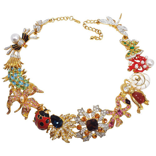 Kenneth Jay Lane Ornate Colorful Crystal Kaleidoscope Necklace in Gold