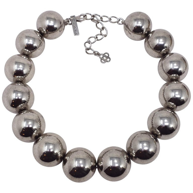 Oscar de la Renta Large Metallic Tarnished Gray Beaded Statement Necklace