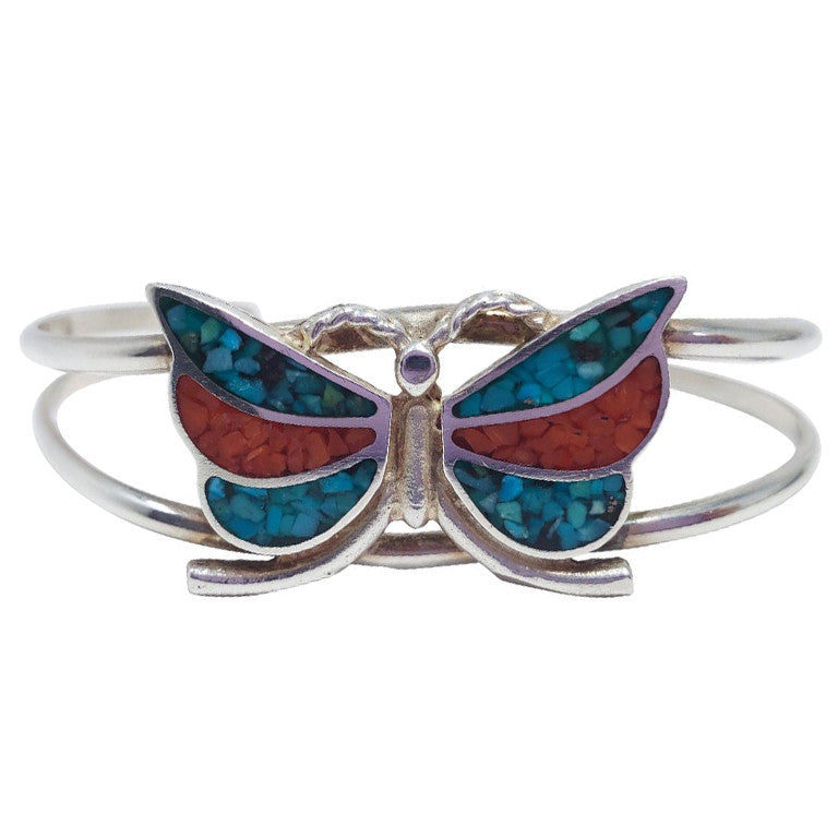 Vintage Zuni Native American Silver Cuff Bracelet With Turquoise & Coral Inlays