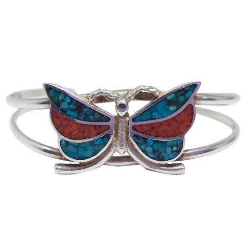 Vintage Zuni Native American Silver Cuff Bracelet With Turquoise & Coral Inlays