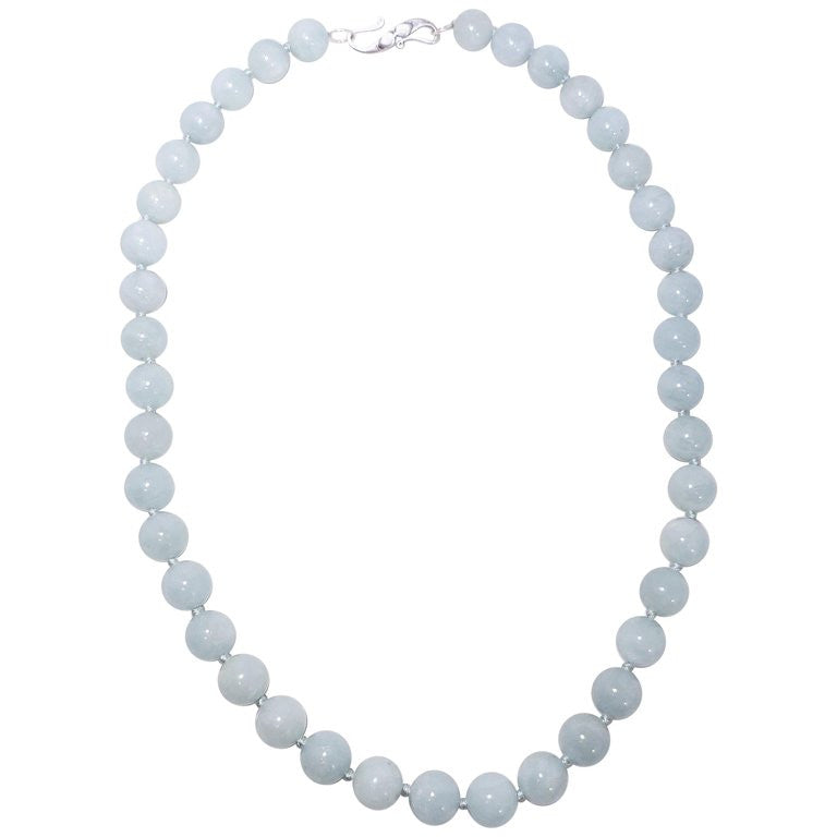 Vintage Natural Aquamarine 10mm Bead Necklace with Sterling Silver Clasp