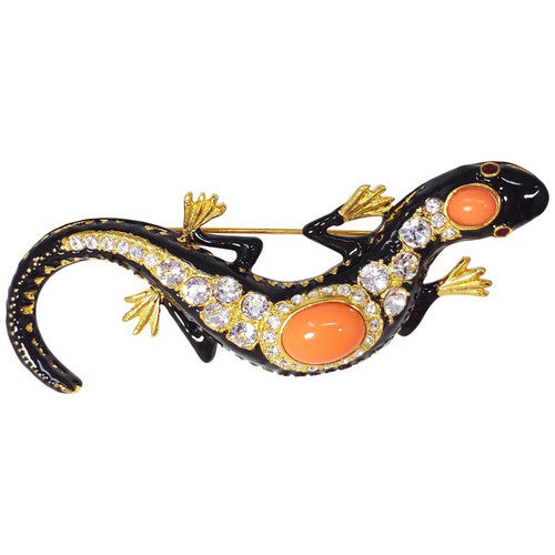 KJL Kenneth Jay Lane Cabochon Crystal and Black Enamel Salamander in Gold