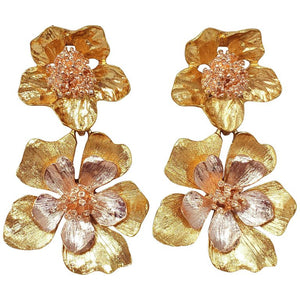 Oscar de la Renta Yellow Gold Bold Dangling Flower Drop Clip On Earrings