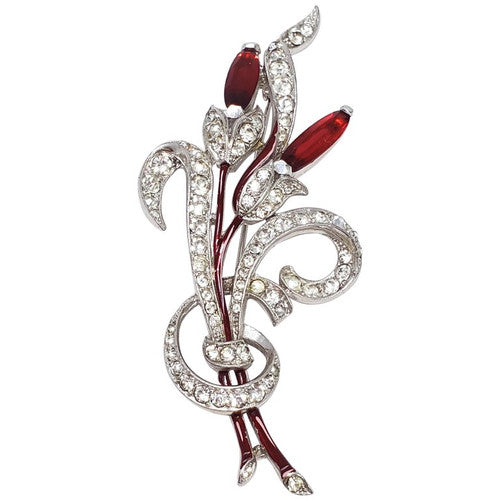 Vintage Alfred Philippe Trifari Red & Clear Crystal Flower Brooch Rhodium Plated