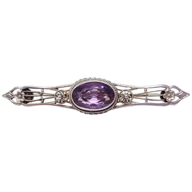 Antique Victorian Amethyst & Sterling Silver Floral Brooch / Sash Pin