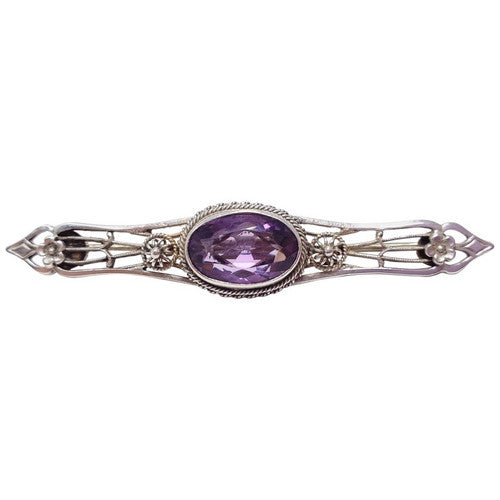 Antique Victorian Amethyst & Sterling Silver Floral Brooch / Sash Pin