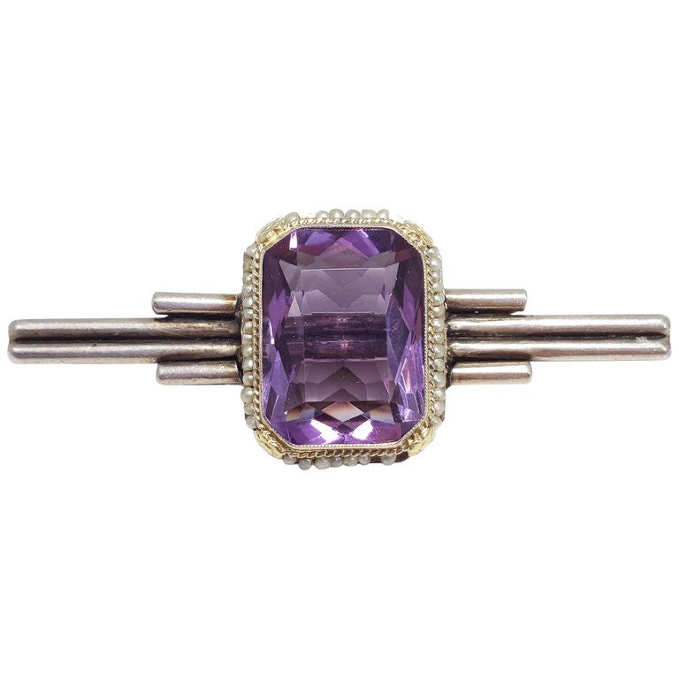 Antique Victorian Art Deco Amethyst & Seeded Pearl Sterling Silver Brooch / Pin