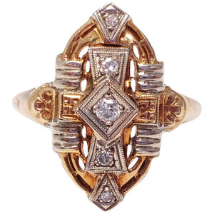 Art Deco .13 Carat Diamond Statement Ring in 14 Karat Gold and Platinum