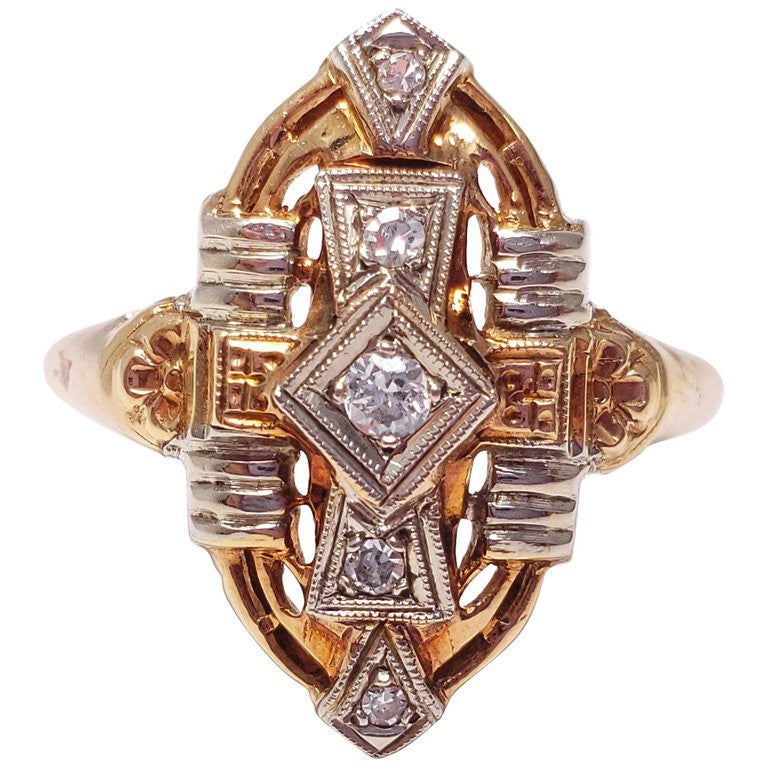 Art Deco .13 Carat Diamond Statement Ring in 14 Karat Gold and Platinum