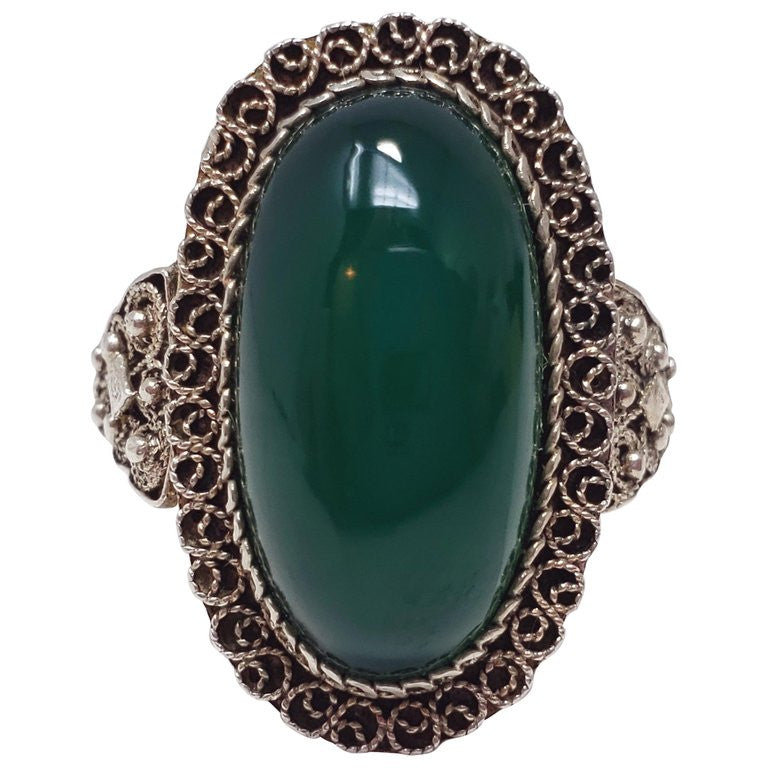 Antique Victorian Green Art Glass Cabochon .800 Silver Cocktail Ring Size 7