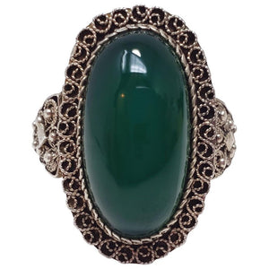 Antique Victorian Green Art Glass Cabochon .800 Silver Cocktail Ring Size 7