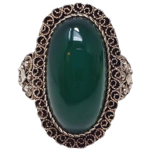 Antique Victorian Green Art Glass Cabochon .800 Silver Cocktail Ring Size 7