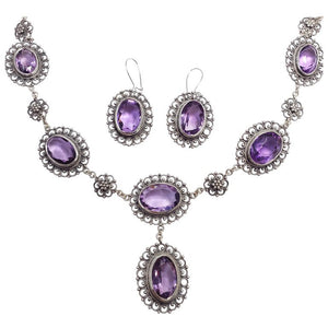 Antique Victorian Genuine Amethyst 800 Silver Demi Parure Earrings Necklace