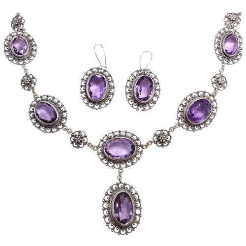 Antique Victorian Genuine Amethyst 800 Silver Demi Parure Earrings Necklace