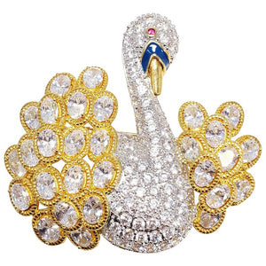 KJL Kenneth Jay Lane Swan Pave Cubic Zirconia & Enamel Pin Brooch in Gold