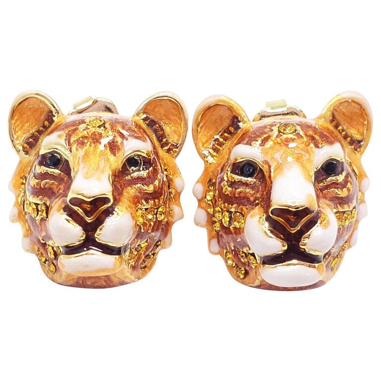 Jay Strongwater "Delightful" Enamel Tiger Head Post Earrings in Gold
