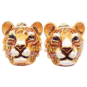 Jay Strongwater "Delightful" Enamel Tiger Head Post Earrings in Gold