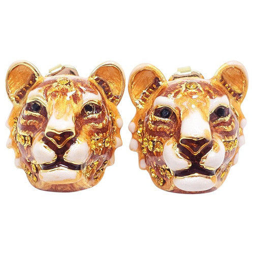 Jay Strongwater "Delightful" Enamel Tiger Head Post Earrings in Gold
