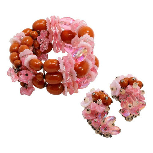 Hobe Rose Crystal Cluster and Coral Bead Clip On Earrings and Infinity Bracelet
