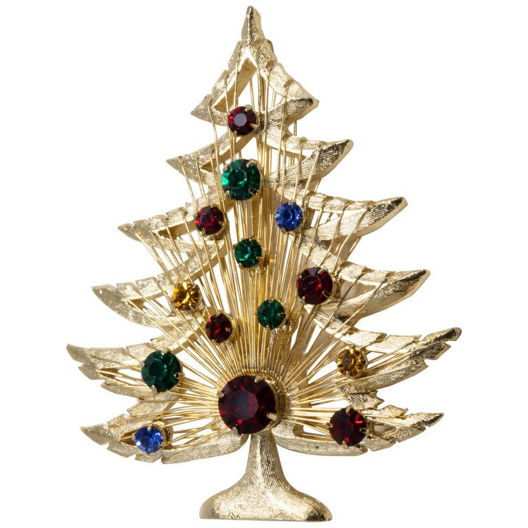 Brooks Harp Christmas Tree Pin Brooch with Prong Set Multicolor Crystals in Gold