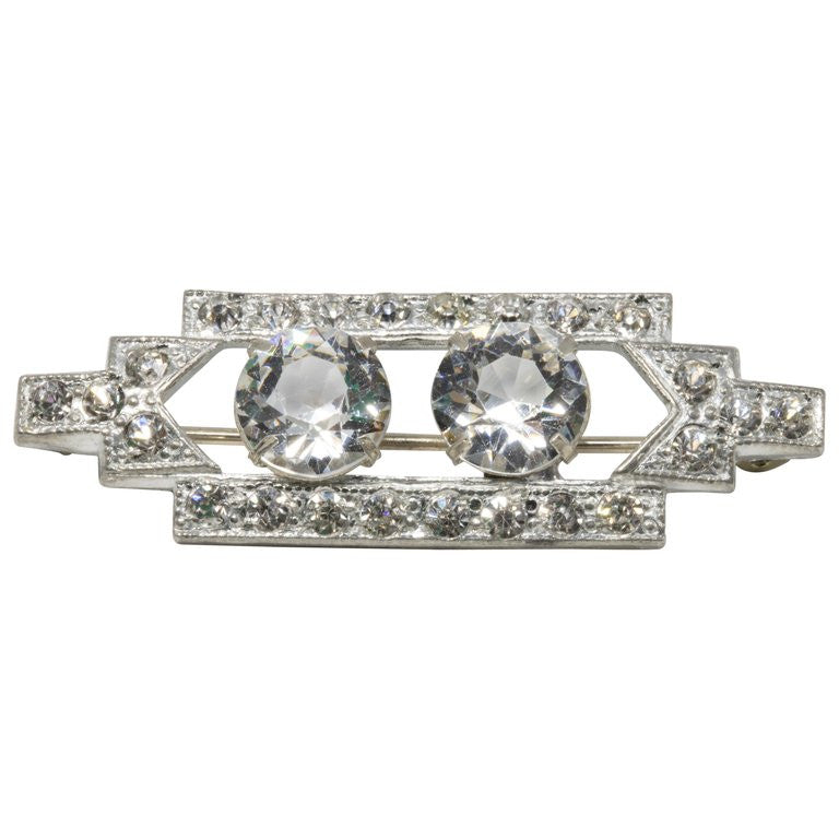 Art Deco Clear Prong Set Crystal Rectangular Pin in Silver Tone