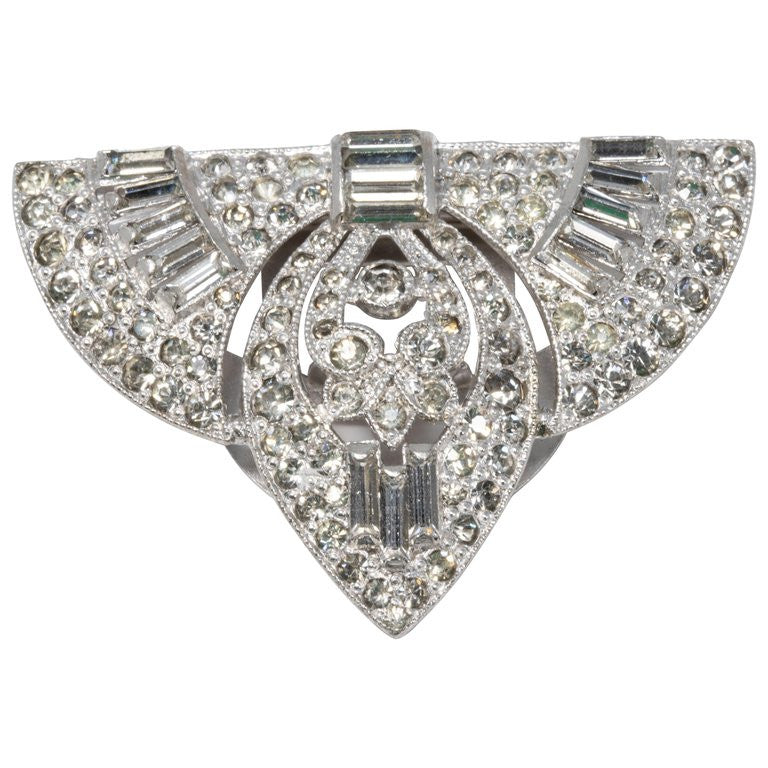 Art Deco Clear Crystal Dress, Shoe Clip, Rhodium Plated, Early 1900s