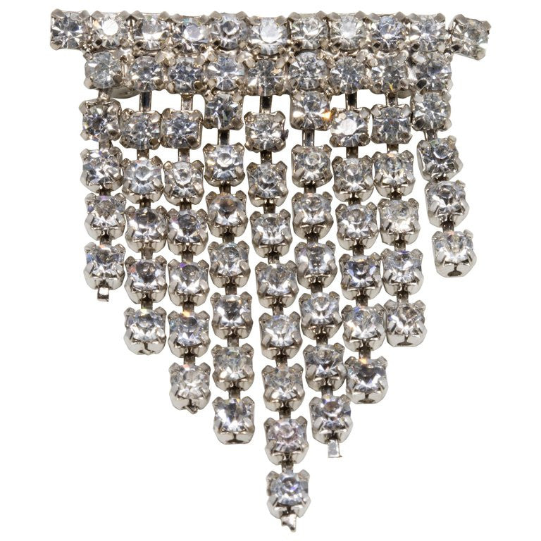 Art Deco Clear Crystal Dangling Brooch Pin, Rhodium Plated, Early 1900s
