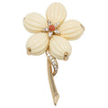 Trifari Cream Lucite Petal Flower Gold Brooch with Clear Crystals and Faux Coral