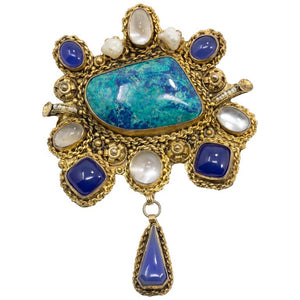 Dangling Brass Statement Pendant with Quartz, Pearl, in Blue, Teal, Clear