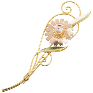 Van Dell Long Flower Wire Brooch Pin w Faux Pearl Center, Gold Filled Sterling