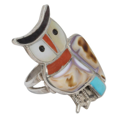 Native American Zuni Coral, Turquoise, Mother of Pearl Inlay Sterling Silver Owl Ring