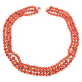 Salmon Coral Triple Strand Bead Necklace, 14 Karat Gold Ruby Diamond Clasp