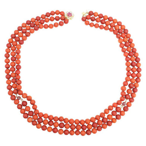 Salmon Coral Triple Strand Bead Necklace, 14 Karat Gold Ruby Diamond Clasp