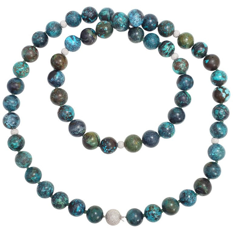 Hubei Turquoise Bead Necklace with 14 Karat White Gold Clasp and Accents