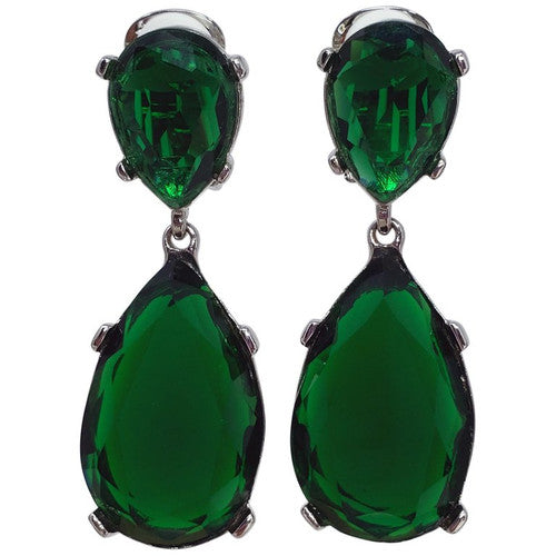 KJL Kenneth Jay Lane Emerald Teardrop Crystal Clip on Dangling Silver Earrings