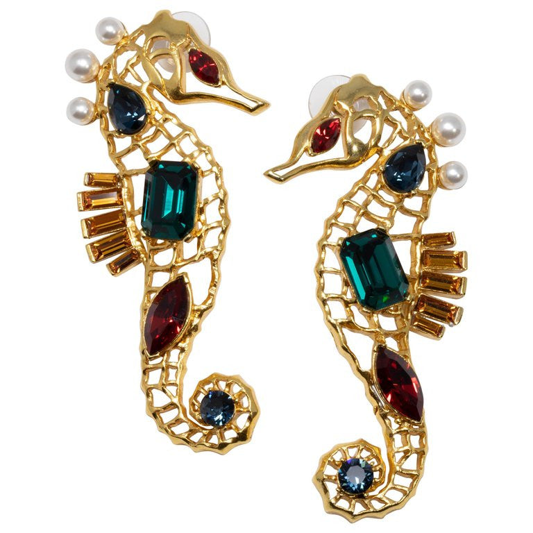 Oscar de la Renta Jeweled Seahorse Earrings in Gold, Green Reed and Blue Crystal