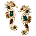 Oscar de la Renta Jeweled Seahorse Earrings in Gold, Green Reed and Blue Crystal