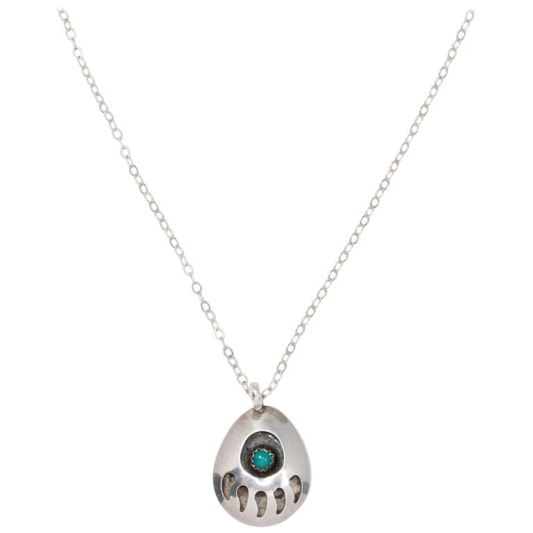 Native American Bear Claw Sterling Silver and Turquoise Pendant Necklace