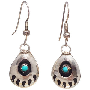 Native American Bear Claw Sterling Silver and Turquoise Dangling Earrings